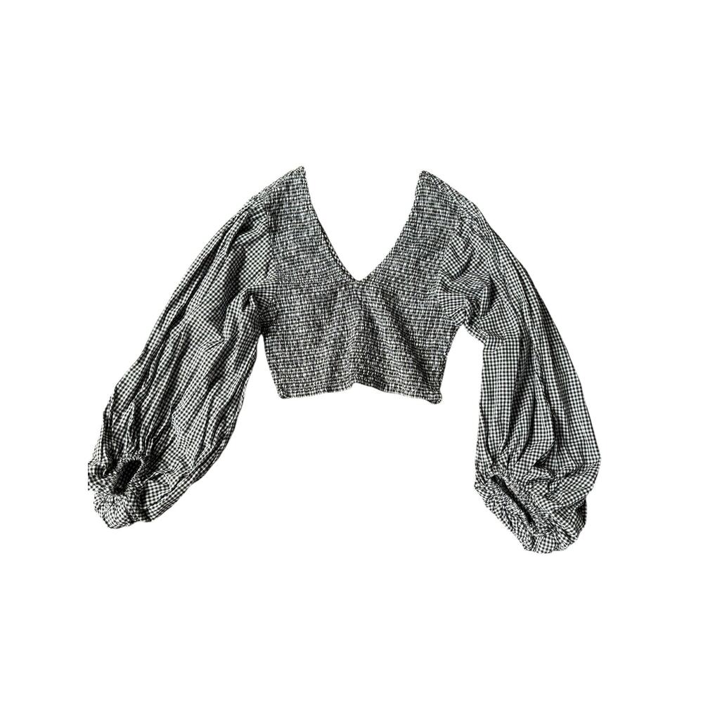 Gingham Crop Top Sz. M - Smocked - Fall - Balloon Sleeves